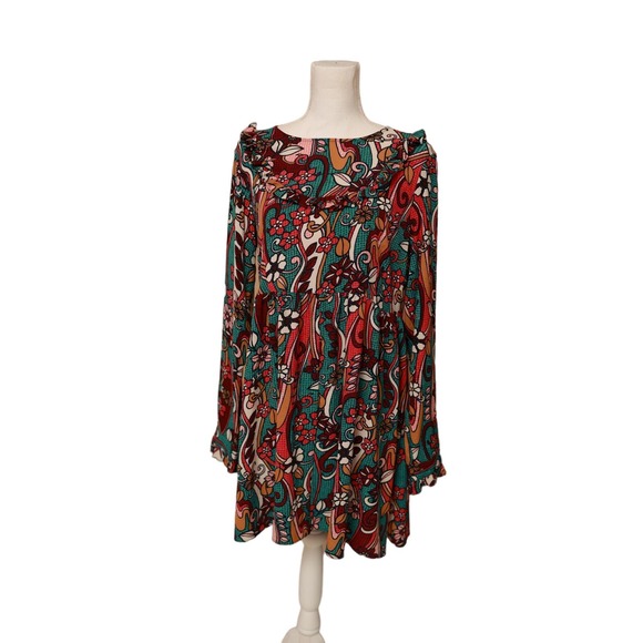Red Camel colorful‎ mini dress tunic ruffle sz large floral - Picture 1 of 5